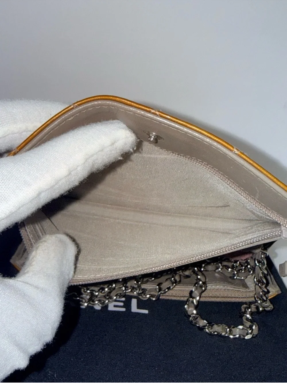 CHANEL Metallic Champagne Gold Quilted Patent Leather Crossbody AUTHENTIC